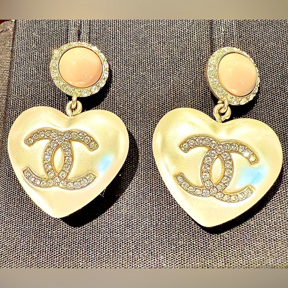 Pearl Resin Crystal CC Heart Drop Earrings Pink Gold - Picture 2 of 10